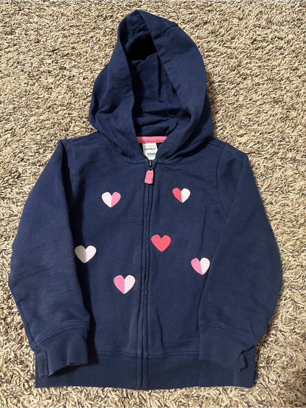 Carter's Navy Hooded Zip-Up Sweatshirt with Pink, Red and White Hearts